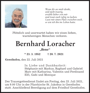 Traueranzeige von Bernhard Loracher von Augsburger Allgemeine