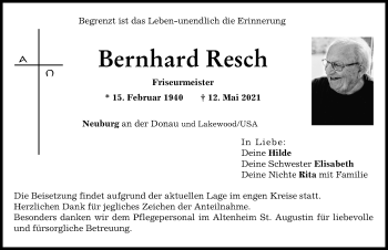 Traueranzeige von Bernhard Resch von Neuburger Rundschau