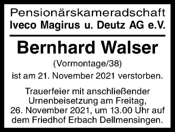 Traueranzeige von Bernhard Walser von Illertisser Zeitung, Günzburger Zeitung, Neu-Ulmer Zeitung