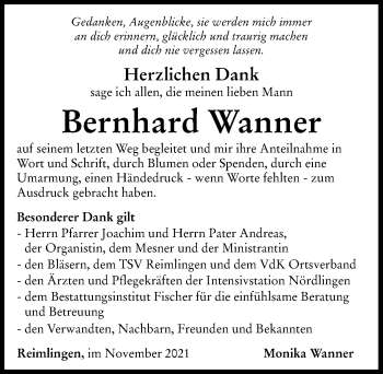 Traueranzeige von Bernhard Wanner von Rieser Nachrichten