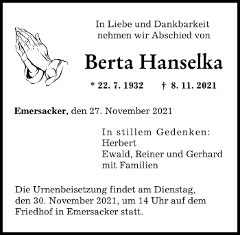 Traueranzeige von Berta Hanselka von Augsburg-Land