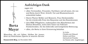 Traueranzeige von Berta Mayer von Donauwörther Zeitung