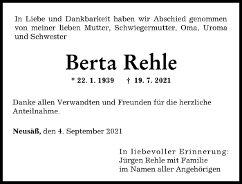 Traueranzeige von Berta Rehle von Augsburger Allgemeine