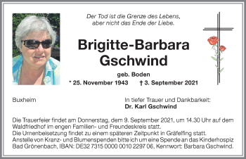 Traueranzeige von Brigitte-Barbara Gschwind von Memminger Zeitung