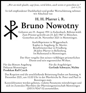 Traueranzeige von Bruno Nowotny von Augsburger Allgemeine