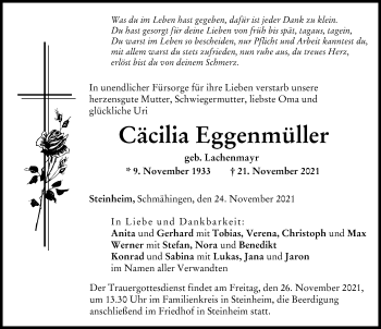 Traueranzeige von Cäcilia Eggenmüller von Donau Zeitung