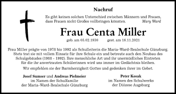 Traueranzeige von Centa Miller von Günzburger Zeitung