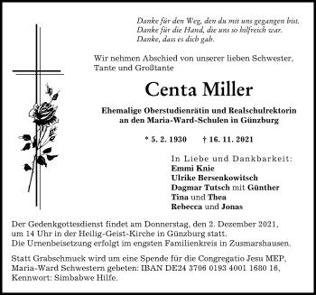 Traueranzeige von Centa Miller von Augsburg-Land, Günzburger Zeitung