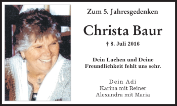 Traueranzeige von Christa Baur von Augsburger Allgemeine