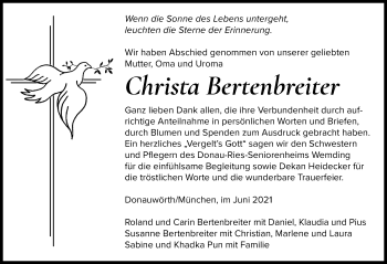Traueranzeige von Christa Bertenbreiter von Donauwörther Zeitung