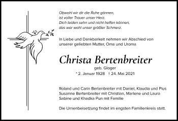 Traueranzeige von Christa Bertenbreiter von Donauwörther Zeitung