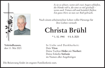 Traueranzeige von Christa Brühl von Donau Zeitung