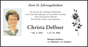 Traueranzeige von Christa Deffner von Augsburger Allgemeine