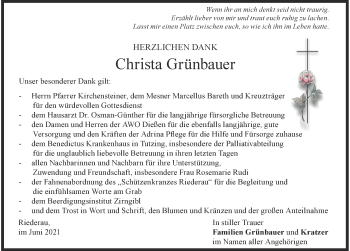 Traueranzeige von Christa Grünbauer von Landsberger Tagblatt