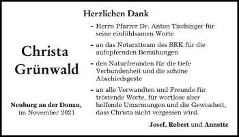 Traueranzeige von Christa Grünwald von Neuburger Rundschau