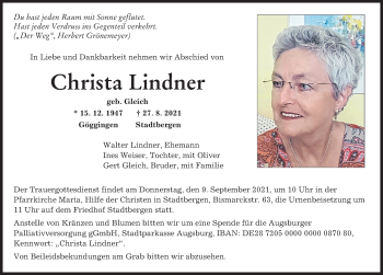 Traueranzeige von Christa Lindner von Augsburger Allgemeine