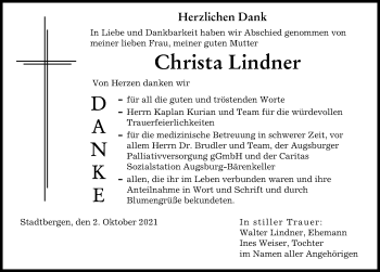 Traueranzeige von Christa Lindner von Augsburger Allgemeine