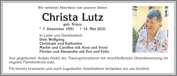 Traueranzeige von Christa Lutz von Schwabmünchner Allgemeine