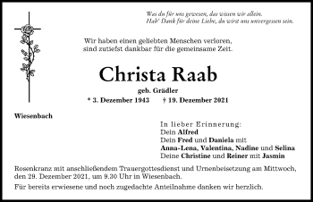 Traueranzeige von Christa Raab von Aichacher Nachrichten