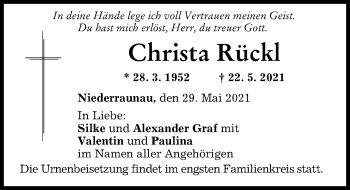 Traueranzeige von Christa Rückl von Mittelschwäbische Nachrichten
