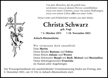 Traueranzeige von Christa Schwarz von Donauwörther Zeitung