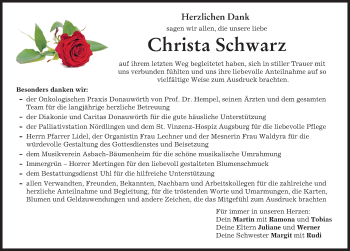 Traueranzeige von Christa Schwarz von Donauwörther Zeitung