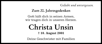 Traueranzeige von Christa Unsin von Mindelheimer Zeitung