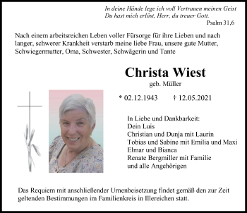 Traueranzeige von Christa Wiest von Illertisser Zeitung