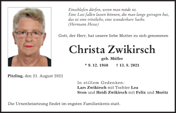 Traueranzeige von Christa Zwikirsch von Landsberger Tagblatt