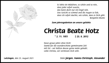Traueranzeige von Christa Beate Hotz von Donau Zeitung