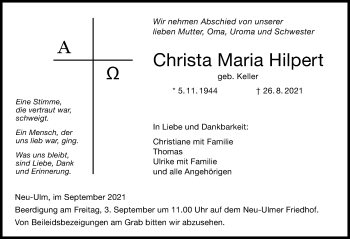 Traueranzeige von Christa Maria Hilpert von Neu-Ulmer Zeitung
