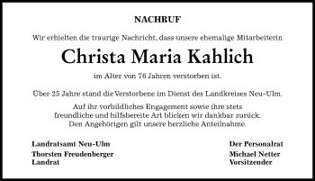 Traueranzeige von Christa Maria Kahlich von Neu-Ulmer Zeitung