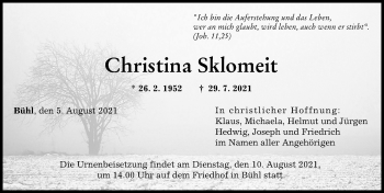Traueranzeige von Christina Sklomeit von Günzburger Zeitung