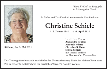 Traueranzeige von Christine Schiele von Donau Zeitung