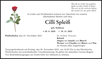Traueranzeige von Cilli Spleiß von Neu-Ulmer Zeitung