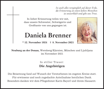 Traueranzeige von Daniela Brenner von Neuburger Rundschau