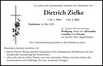 Traueranzeige von Dietrich Zielke von Günzburger Zeitung