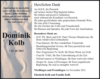 Traueranzeige von Dominik Kolb von Rieser Nachrichten