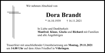 Traueranzeige von Dora Brandt von Illertisser Zeitung