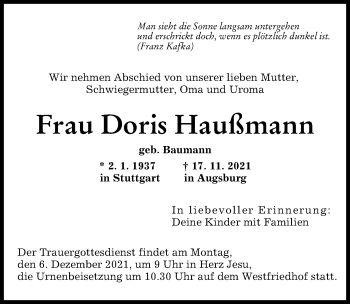Traueranzeige von Doris Haußmann von Augsburger Allgemeine