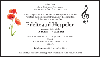 Traueranzeige von Edeltraud Hespeler von Günzburger Zeitung