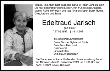 Traueranzeige von Edeltraud Jarisch von Augsburger Allgemeine