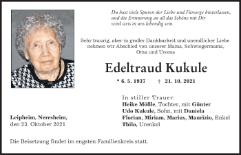 Traueranzeige von Edeltraud Kukule von Günzburger Zeitung