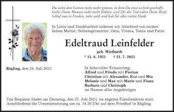 Traueranzeige von Edeltraud Leinfelder von Donauwörther Zeitung