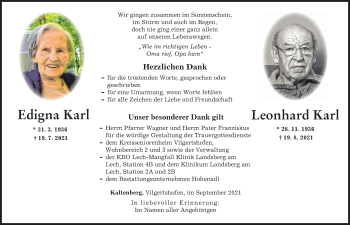 Traueranzeige von Edigna Karl von Landsberger Tagblatt
