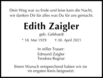 Traueranzeige von Edith Zaigler von Donauwörther Zeitung