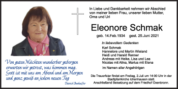 Traueranzeige von Eleonore Schmak von Günzburger Zeitung