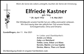 Traueranzeige von Elfriede Kastner von Donau Zeitung