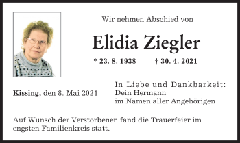 Traueranzeige von Elidia Ziegler von Augsburger Allgemeine