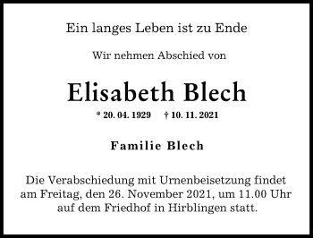 Traueranzeige von Elisabeth Blech von Augsburg-Land